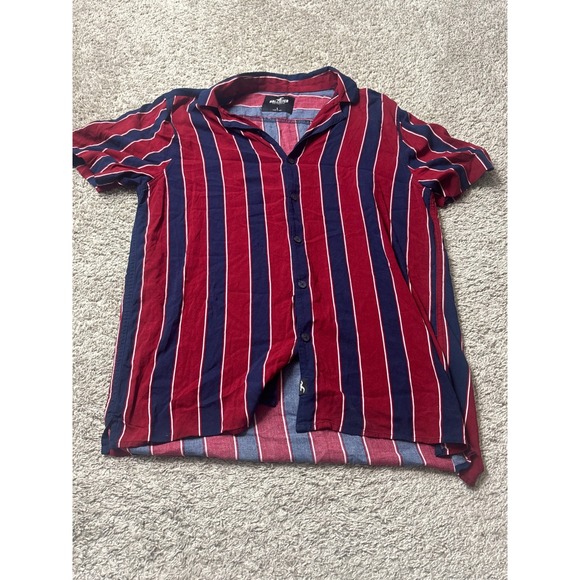 Hollister Other - Hollister Mens Large Red Navy Striped Short Sleeve Viscose Button Down Shirt